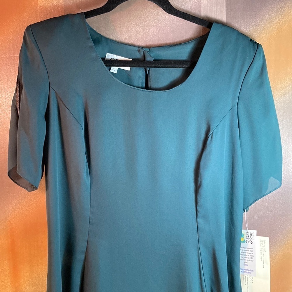Vintage 90’S CDC emerald chiffon dress with split sleeves size 14 38” chest. 410